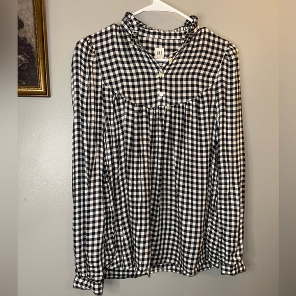 GAP Black & White Gingham Ruffle Neck Peasant Blouse XS Cottagecore - Picture 2 of 8